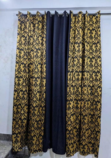 Black & Gold Floral Curtains Set of 3 for Home