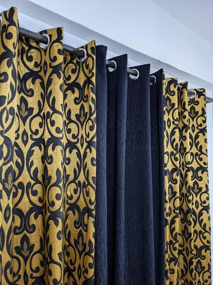 Black & Gold Floral Curtains Set of 3 for Home
